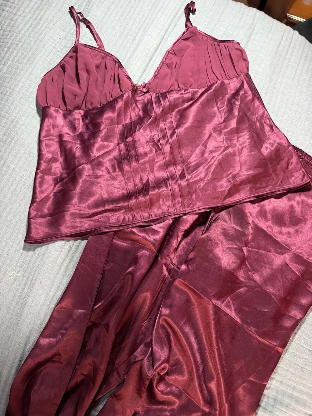 Fredericks Of Hollywood Cami Pajama Set Size L Burgundy Satin Lounge